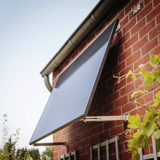 Canopy Luifel Kit met zonnepaneel, gemonteerd aan een stenen muur.