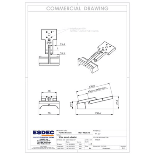 Technische tekening van Esdec Flatfix Fusion Basiselement laag extensie 1007022-WP.