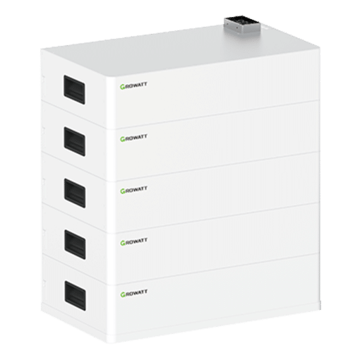 Growatt AXE 5.0L Low Voltage batterij met vijf modules en zichtbare aansluitingen