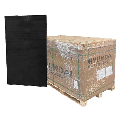 Hyundai DG 415Wp full black zonnepaneel op een pallet met 36 stuks verpakt voor palletkorting