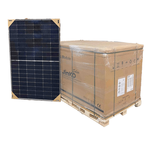 Jinko Solar Tiger Neo N-Type 430Wp glas-glas zonnepaneel naast een pallet met 36 panelen