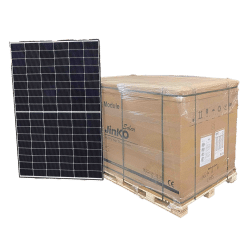 Jinko Solar Tiger Neo N-Type 450wp zonnepanelen pallet van 36, naast een losstaand zonnepaneel.