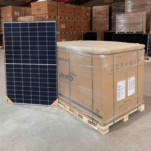 Jinko Solar Tiger Pro 410wp zonnepaneel met palletverpakking van 36 stuks voor bulkverkoop.