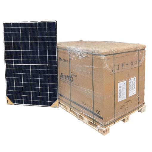 Jinko Solar Tiger Pro 410wp zonnepaneel en pallet met 36 panelen voor grootschalige installatie.