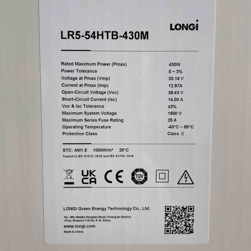 Specificatielabel van LONGi Solar Hi-Mo6 430wp zonnepaneel, met technische details zoals vermogen, spanning en certificeringen.