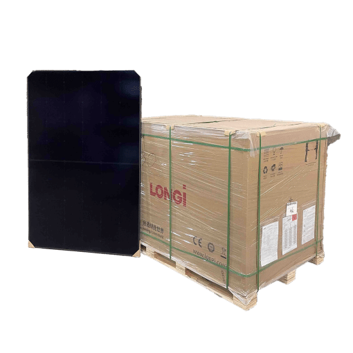 LONGi Solar Hi-Mo6 all black 430wp zonnepaneel naast een pallet van 36 panelen.