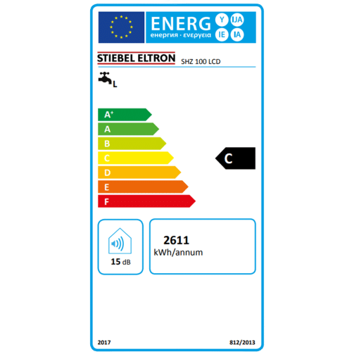 Energielabel van de Stiebel Eltron SHZ LCD 100 Liter elektrische boiler, energieklasse C.