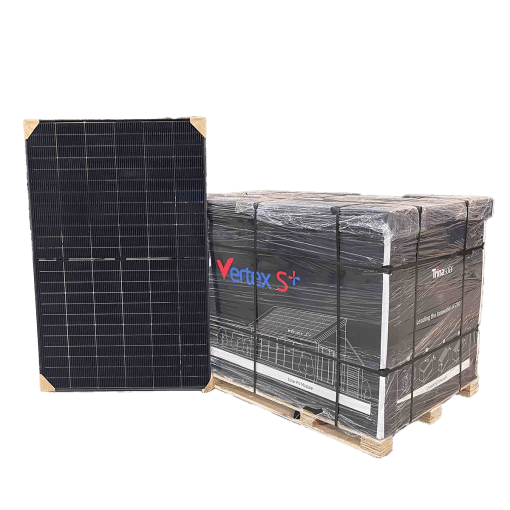 Pallet met 36 Trina Solar Vertex S+ Dual Glass 435wp zonnepanelen met palletkorting, monokristallijn glas-glas transparant design.